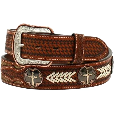 3D Belt Men's Tooled Calf Hair Cross Concho Brown Belt D100011608