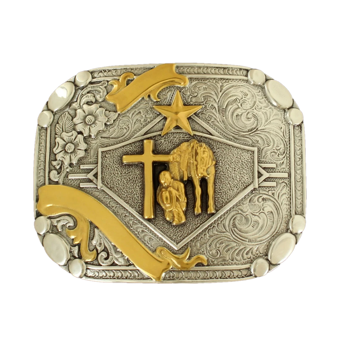 Nocona Mens Silver & Gold Praying Cowboy Ribbon Belt Buckle 37402